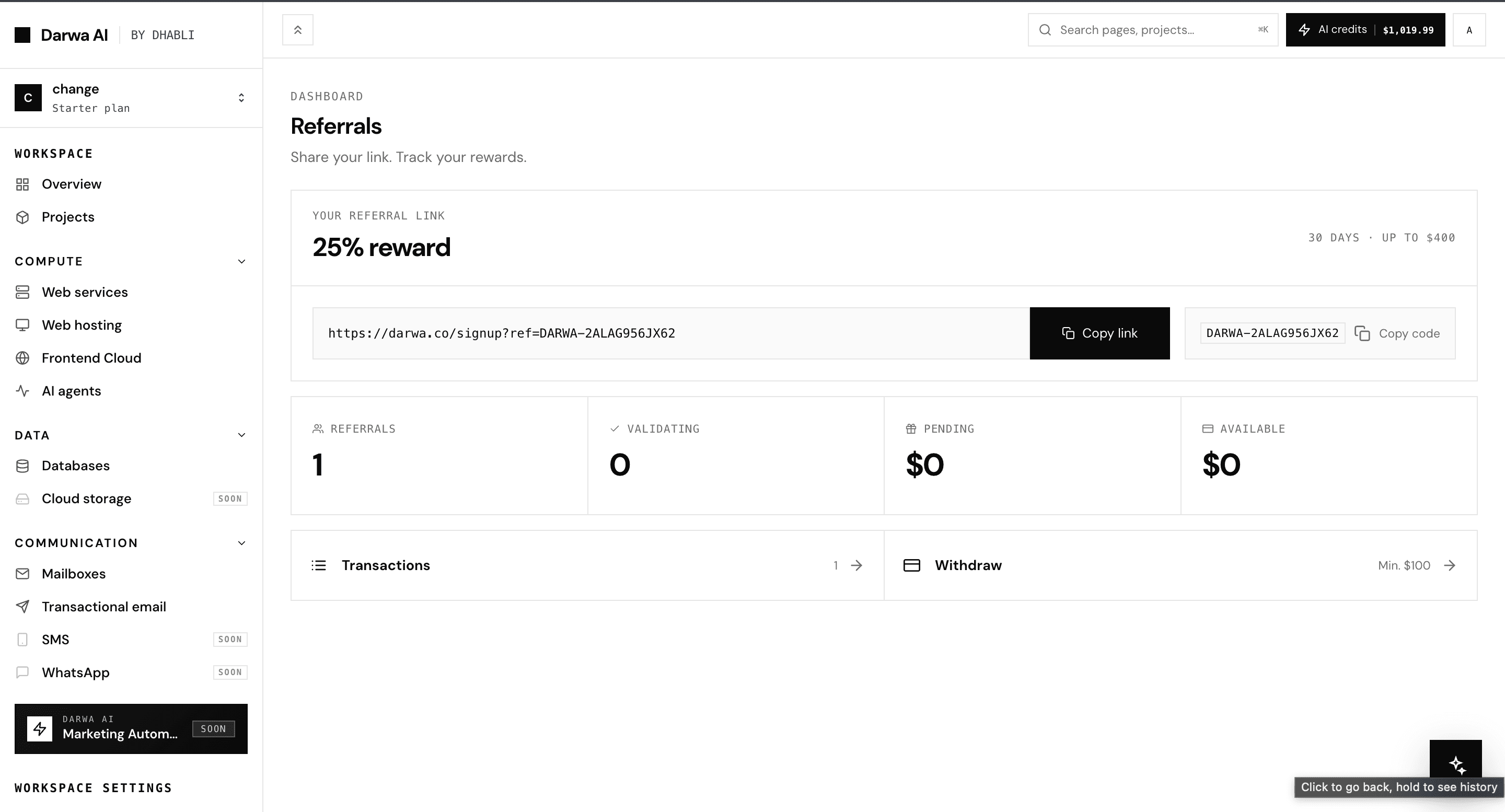 Darwa referral dashboard showing the personal referral link, referral count, validating rewards, pending earnings, and available balance